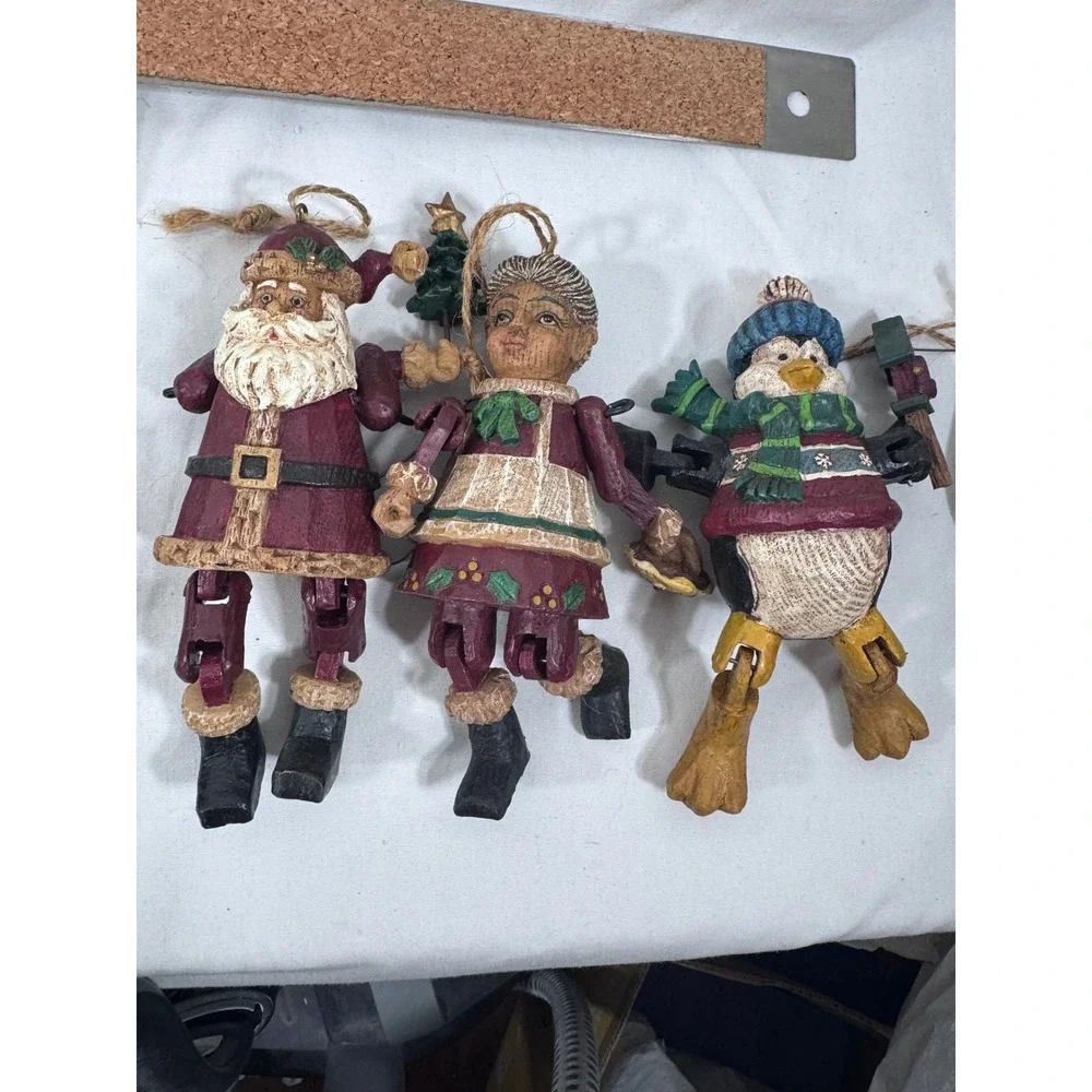 Set of 8 Rustic Faux Wood Resin Christmas Ornaments Articulated Hanging Figures